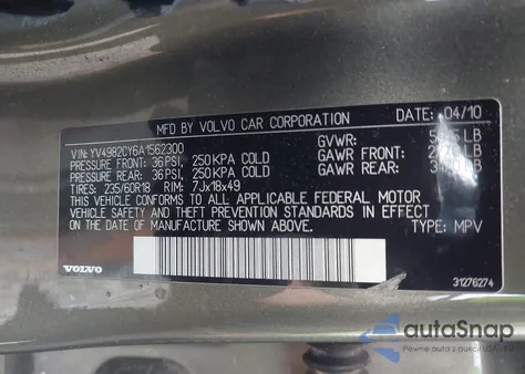 2010 Volvo Xc90 3.2 из США, поврежденный, VIN YV4982CY6A1562300